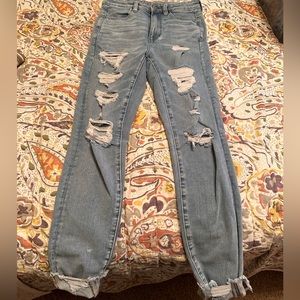 WORN ONCE American eagle high rise jeggining with destruction